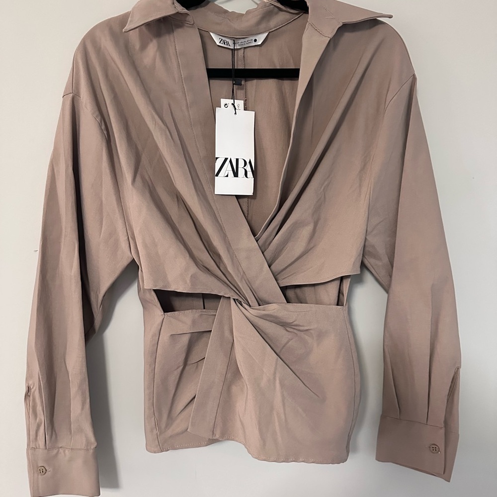 Zara Tan Blazer Wrap Style with Tie Waist